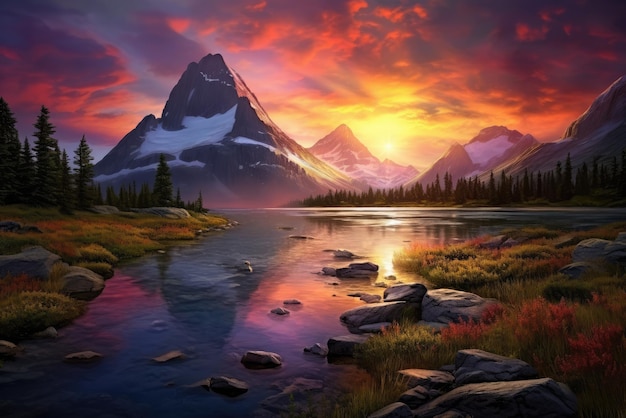 A lake with mountains and a sunset
