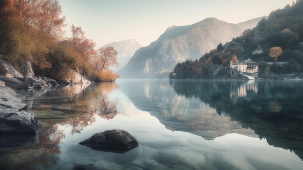 A lake with mountains and trees in the background