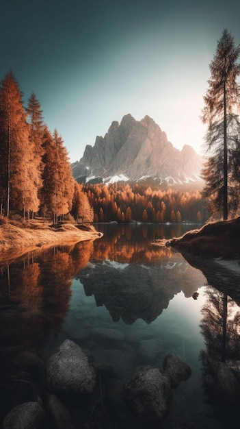 A lake with mountains and trees in the background