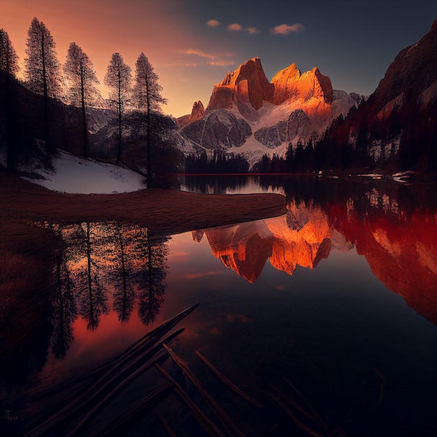 A lake with mountains and trees in the foreground and a sunset in the background