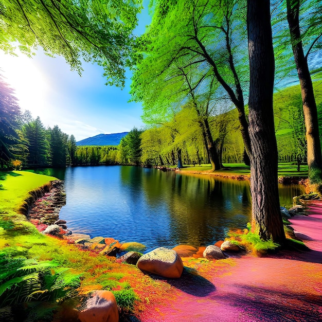 A lake with a path that is surrounded by trees and the sun is shining.