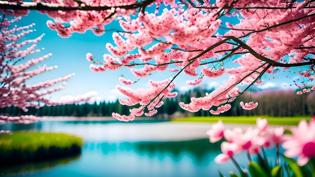 A lake with pink flowers and a blue sky in the background