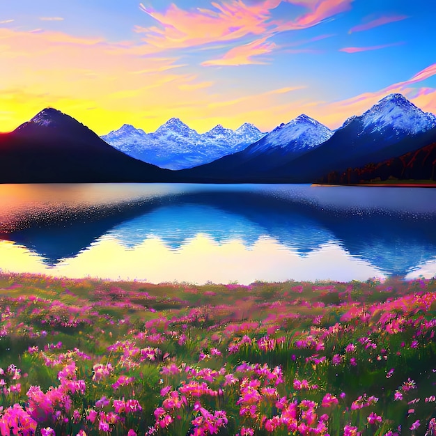 a lake with pink flowers and mountains in the background