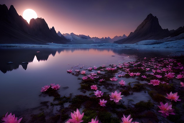 A lake with a pink lotus flower in the foreground