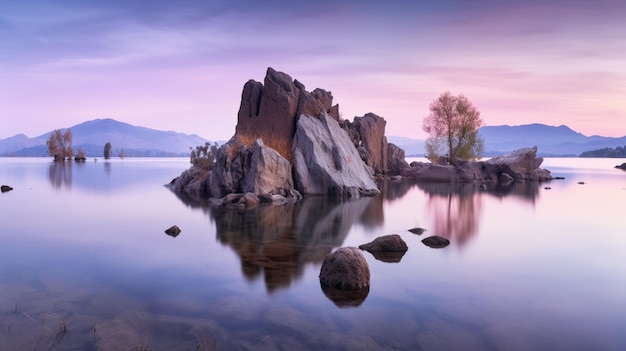 A lake with a purple sky and mountains in the background