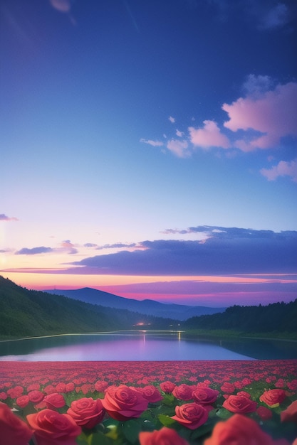 A lake with a red flower in the foreground and a pink sky in the background.