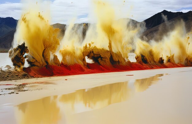 Photo a lake with a red and yellow water that says  smoke