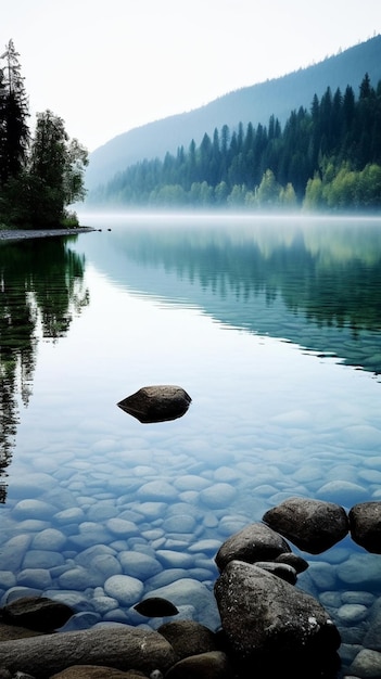 Foto un lago con una roccia nel mezzo