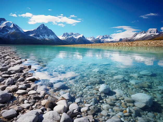 Photo a lake with rocks and mountains in the background