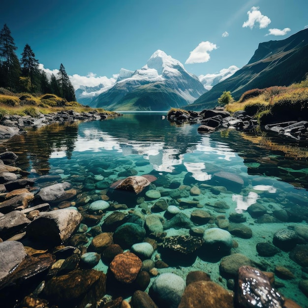 Lake with rocks and mountains surrounded by clear water