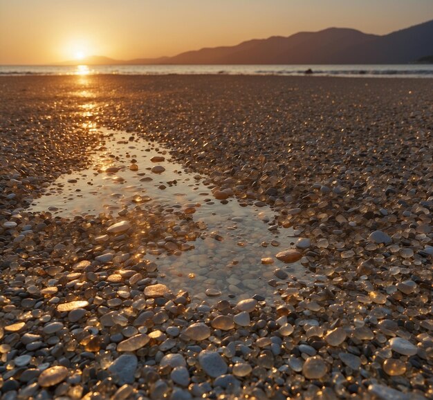 a lake with rocks and a sunset on the beach