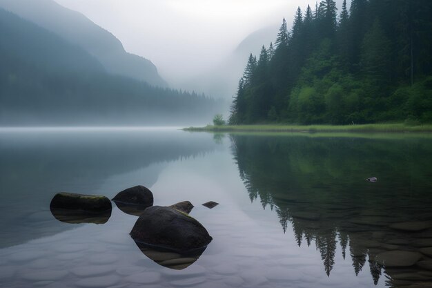 A lake with rocks and trees in the background