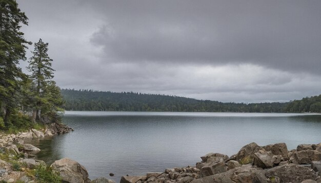 a lake with rocks and trees in the background