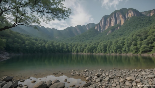 a lake with rocks and trees on the side of it