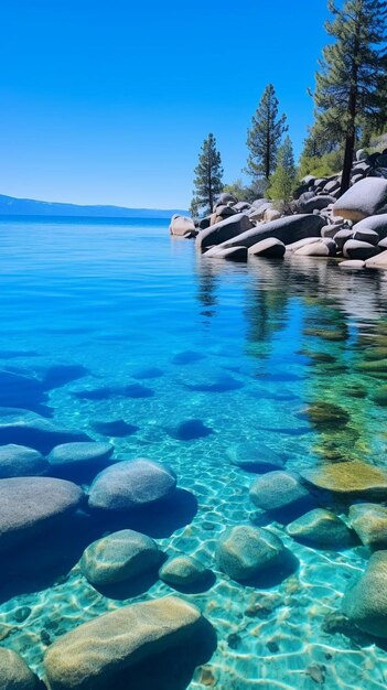 Photo a lake with rocks and trees in the water