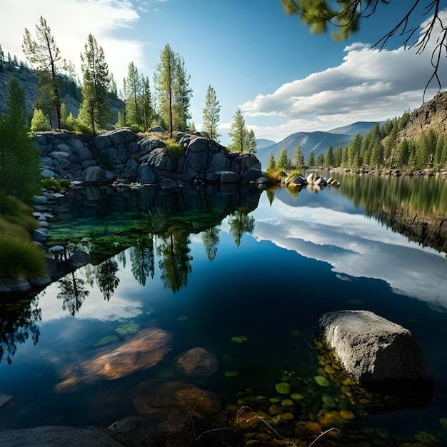 A lake with a rocky shore and trees on the left side.