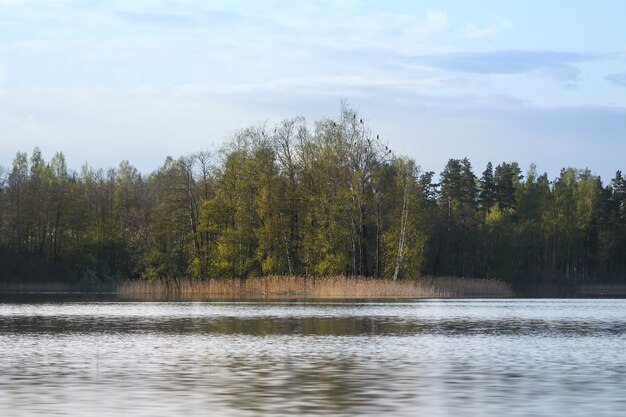 Lake with small island in Latvia in early spring.