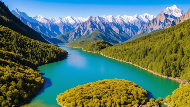 a lake with snow capped mountains in the background