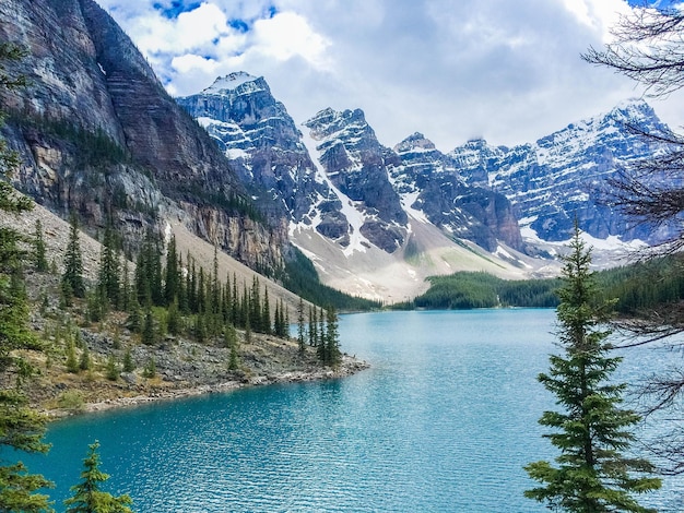 Lake with snowcapped mountain in background