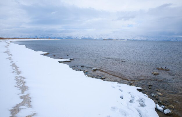 Lake with snowy beach and mountain