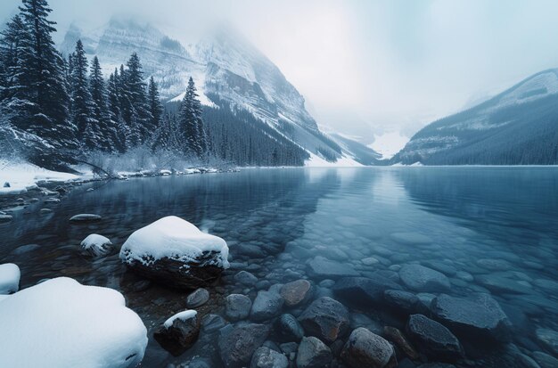 Photo lake with snowy mountains