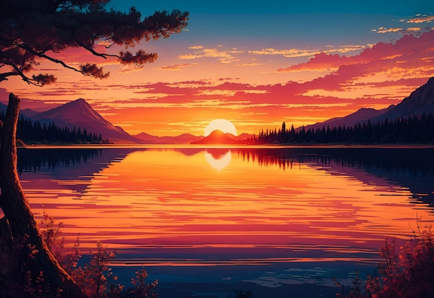 a lake with a sunset in the background AI generated