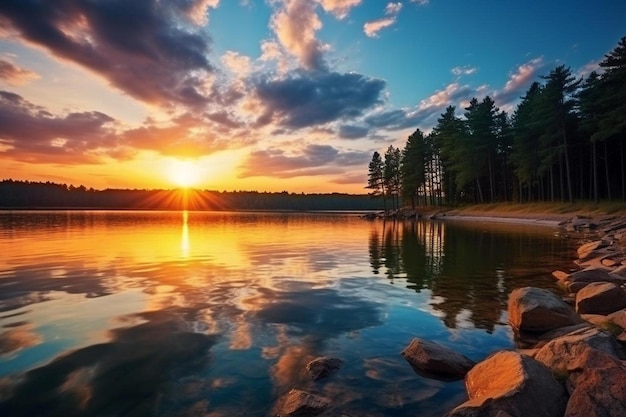 a lake with a sunset and a mountain in the background