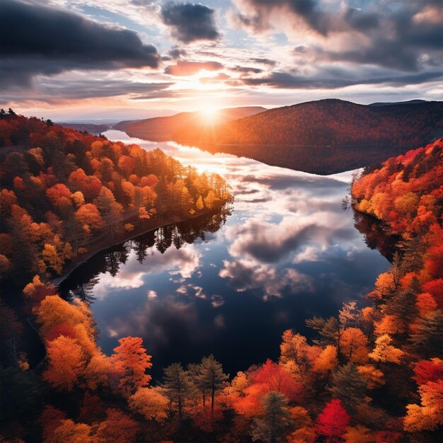 озеро с закатом солнца и горами на заднем плане