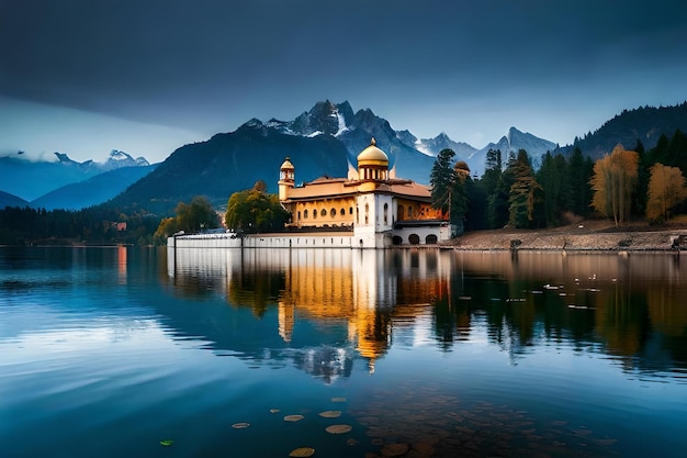 Photo a lake with a temple in the background