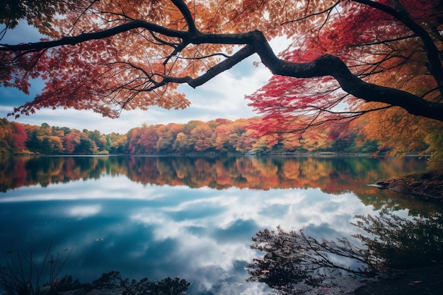 木の枝が上にある湖