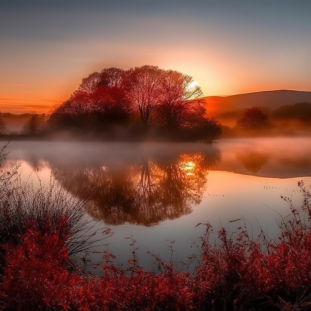 A lake with a tree in the foreground and the sun setting behind it.