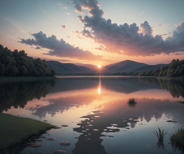 lake with trees around and a sunset