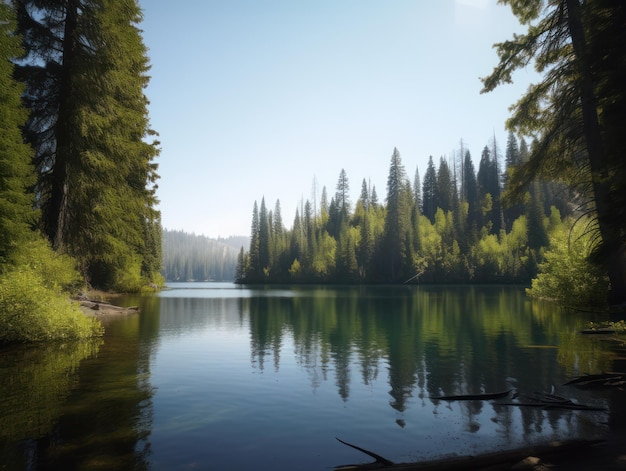 A lake with trees and a blue sky