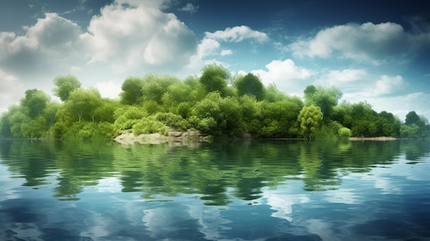 A lake with trees and clouds and the sky