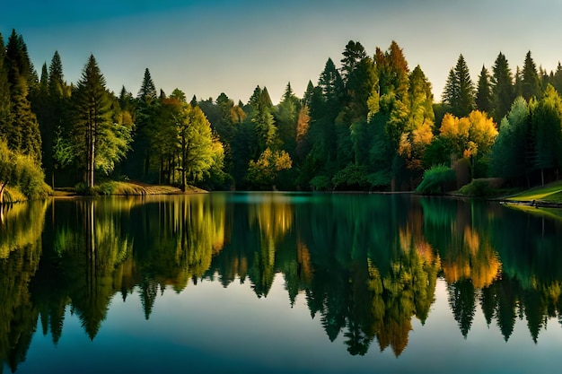 a lake with trees and a cloudy sky