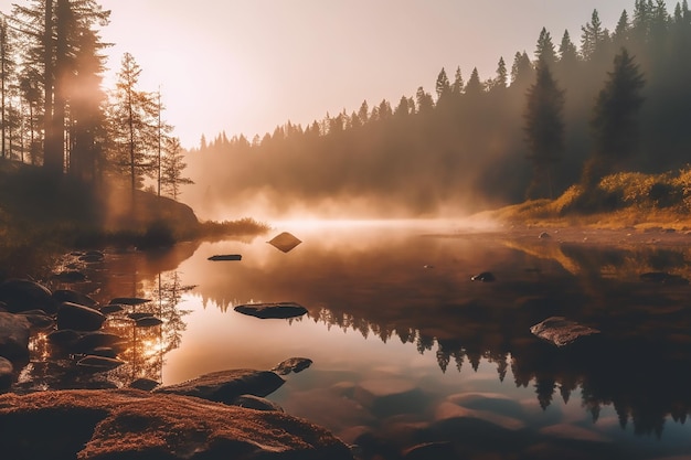 Lake with trees and fog in the background