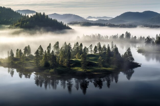 A lake with trees and fog in the background