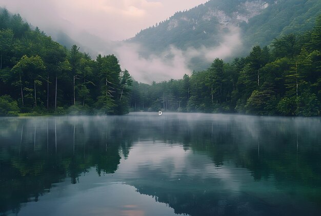 a lake with trees and fog