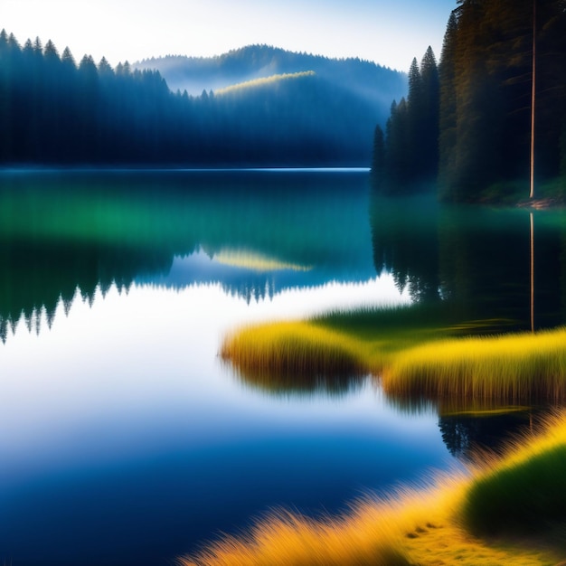 A lake with trees and grass on the shore and a blue sky with the sun shining on it