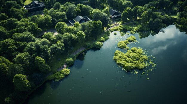 a lake with trees and houses in the background