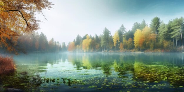 A lake with trees and leaves in the foreground and a forest in the background.