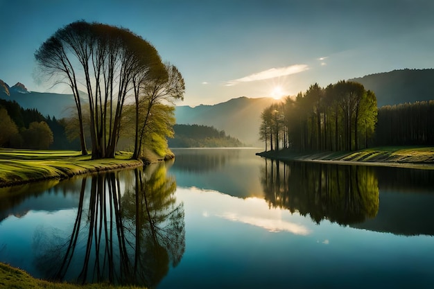 A lake with trees and mountains in the background