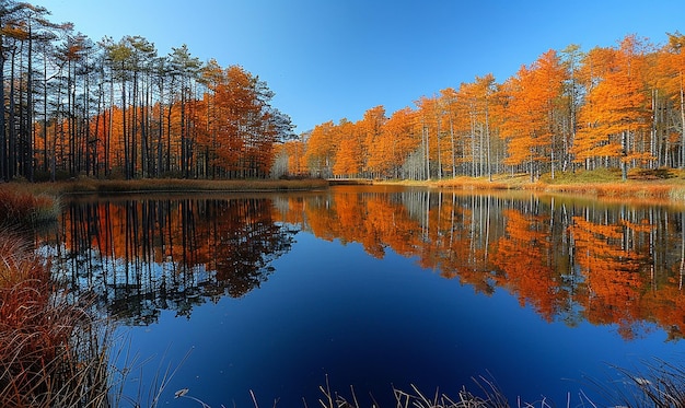 a lake with trees and the reflection of the trees in the water