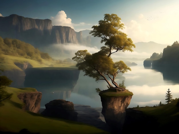 A lake with trees and rocks in natural beauty reflected in a tranquil mountain lake