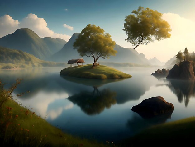 A lake with trees and rocks in natural beauty reflected in a tranquil mountain lake