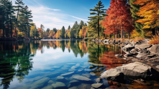 a lake with trees and rocks