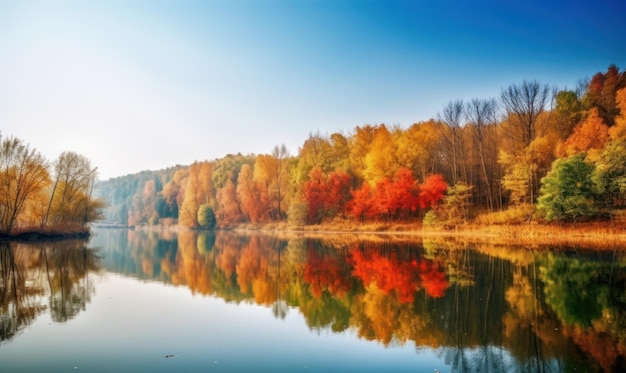 A lake with trees and the sky in the background