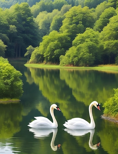 Фото Озеро с двумя лебедями