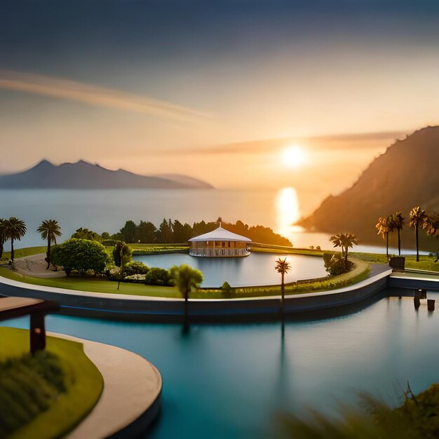 Foto un lago con vista sulle montagne e sul mare