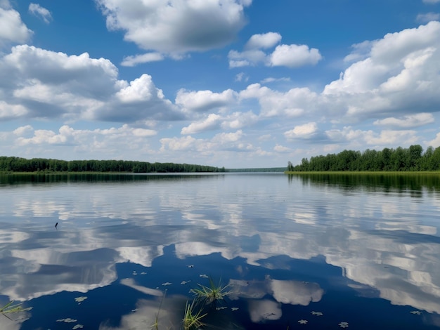 A lake with water and sky with white puffy clouds